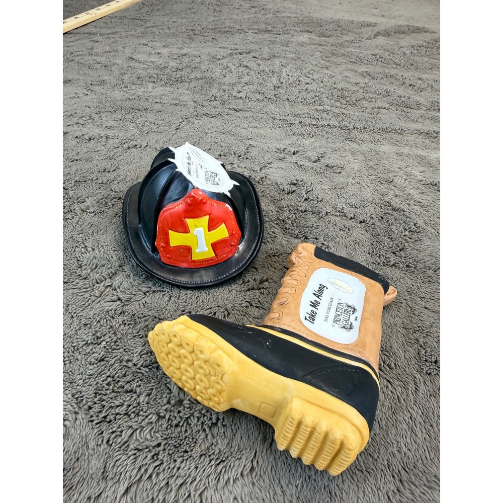 Vintage 1990 Princeton Gallery Firefighter Helmet and Boot Porcelain Figurines